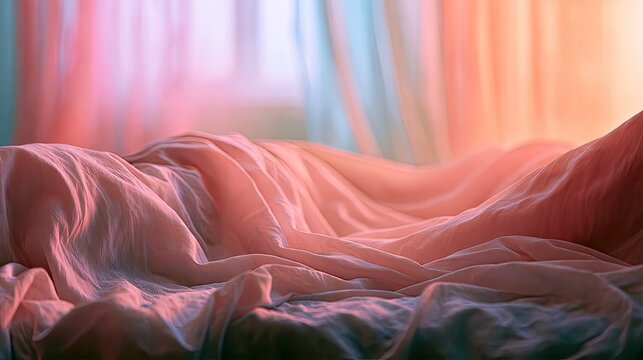 Soft, textured fabric in warm pink and blue hues, draped in gentle waves