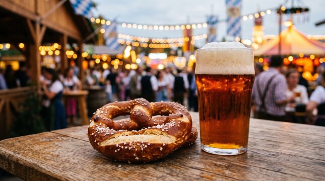 Bavarian pretzel and glass of beer on wooden table at blurred Oktoberfest fairground background