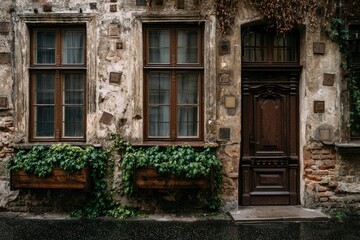 Obraz premium Weathered stone facade with ornate dark wood door, windows, and plant boxes