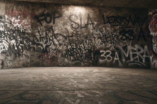 Gritty concrete tunnel interior plastered with urban graffiti and tagged walls
