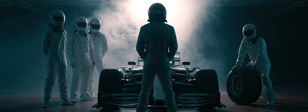 Five figures in racing gear surround a sleek, powerful car