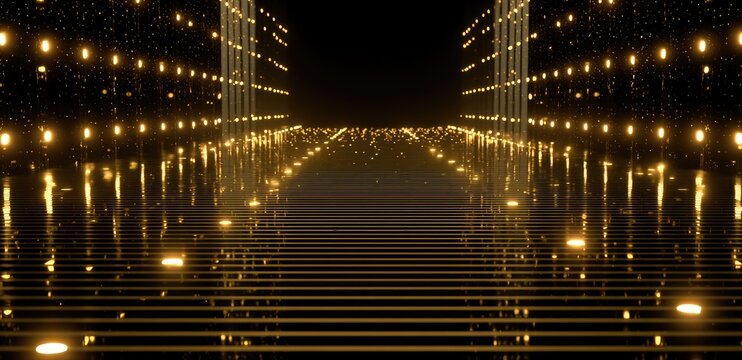 Gleaming golden lights form a reflective pathway towards a dark, infinite void