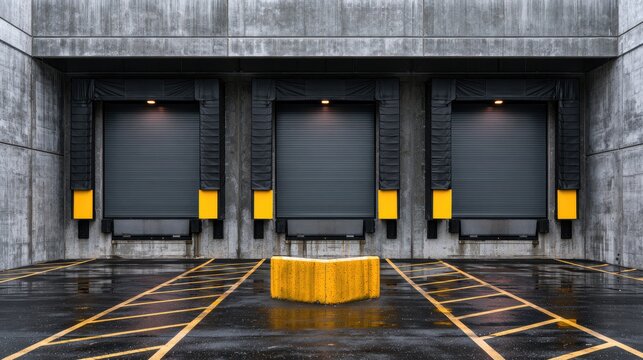 Three industrial loading docks with illuminated overhangs, on a wet concrete surface