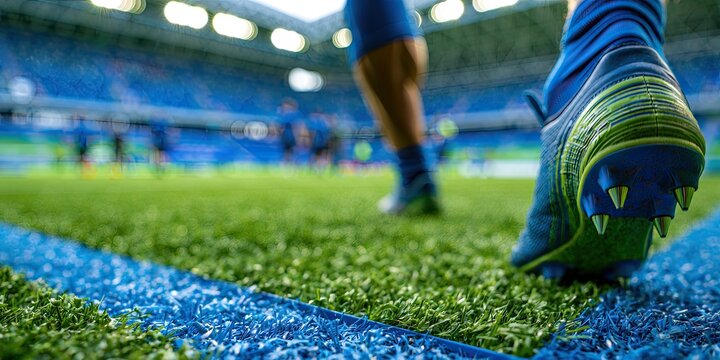 Close-up of a blue soccer cleat on a green turf field with blurred players