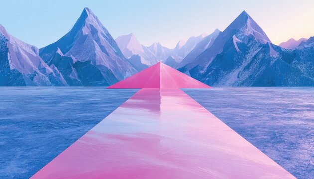 Pink arrow path leading towards icy mountains under soft sky