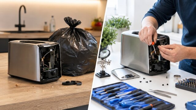 Broken toaster and careful repair workbench with hand tools