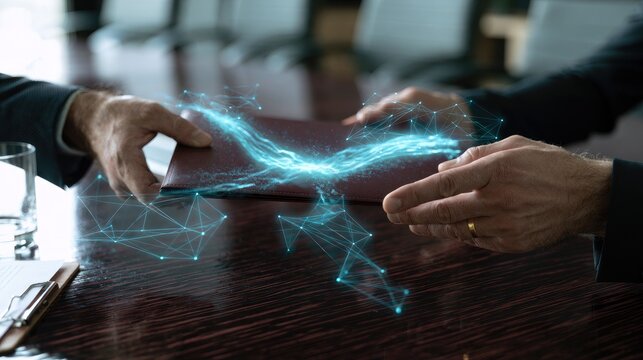 Two hands exchange a digital data stream over a conference table
