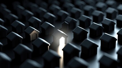 Fototapeta premium Row of dark miniature houses with one glowing