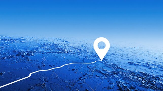White pin on blue globe with white line showing a path