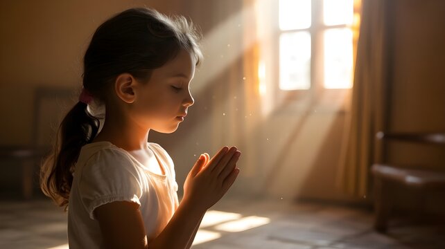 Ni&ntilde;a peque&ntilde;a rezando con las manos juntas iluminada por rayos de luz solar en una habitaci&oacute;n serena