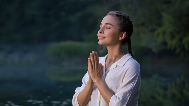 Mujer joven meditando con las manos en oraci&oacute;n frente a un lago al amanecer