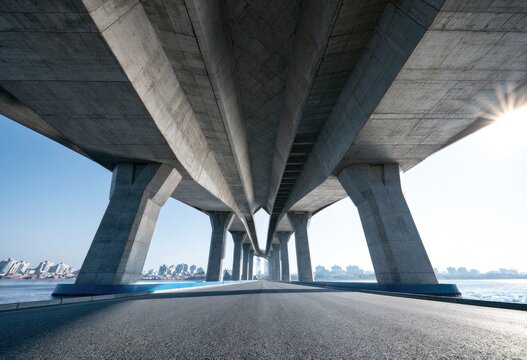 Highway infrastructure viewed from below, geometric concrete supports arching over a road