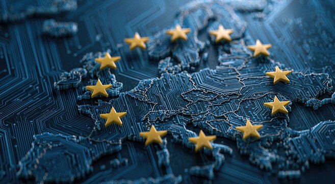 Digital map of Europe overlaid with glowing stars and circuits