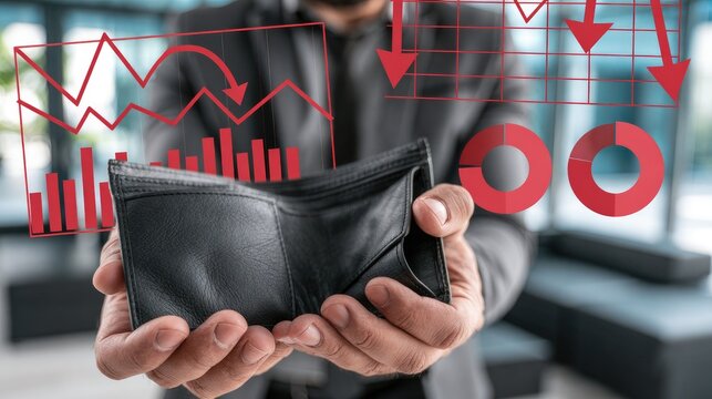 Hands hold empty wallet with red downward charts symbolizing financial loss