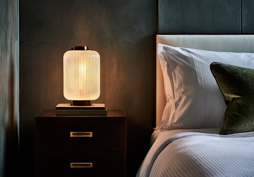 Elegant bedside lamp illuminates a luxurious bedroom, casting a warm glow