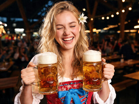 Beautiful smiling woman in traditional dirndl holding two large beer mugs at Oktoberfest