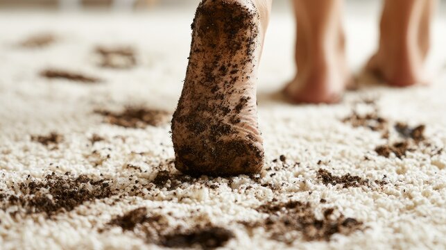 Bare feet with dirt imprints leaving a messy trail across a plush carpet