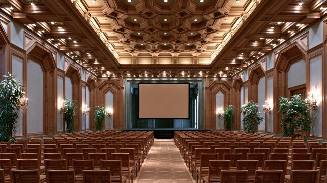 Ornate wooden interior with tiered seating facing a projection screen