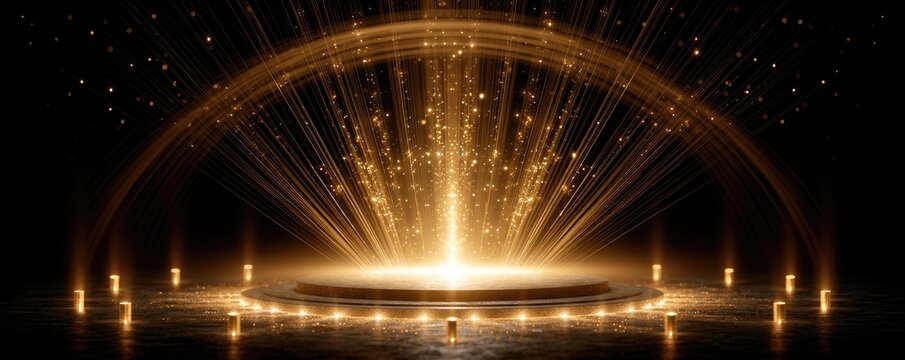 A radiant golden light emanates from a stage, illuminating sparks