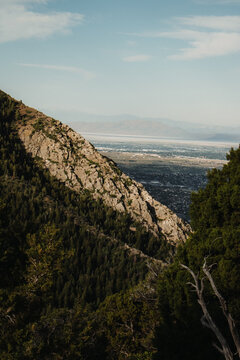 Scenic View of Forested Taylor Canyon and Wasatch Mountain Ridgelines from the Hidden Valley Loop Trail Above Ogden Utah on a Clear Summer Morning

