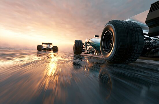Sleek race car speeds on wet track, sunlit sky reflects
