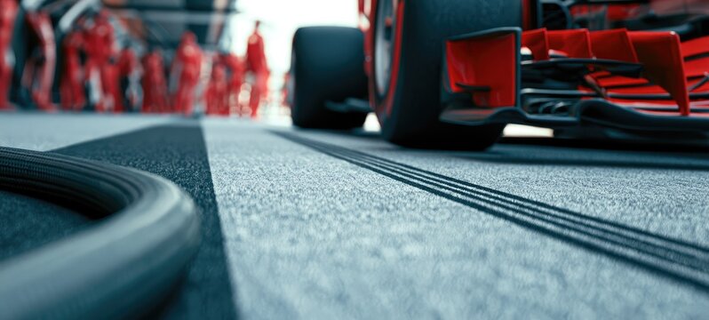 Red racing car in pit lane, crew in background, tire marks on asphalt