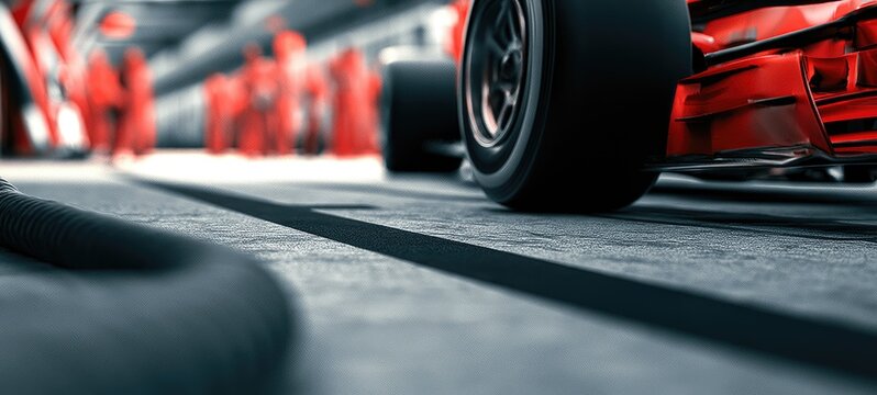 Close-up view of a vibrant red racing vehicle in a pit lane, blurred pit crew in background