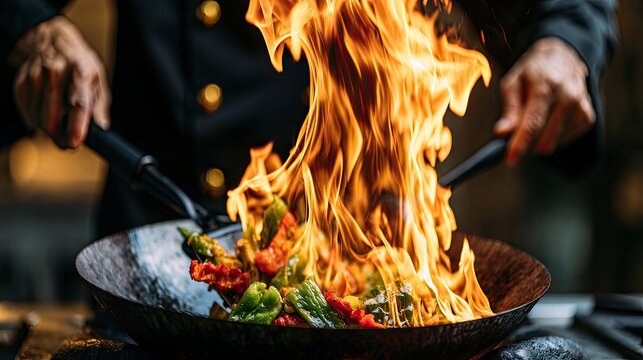 Chef flamb?ing colorful vegetables in a wok with intense flames