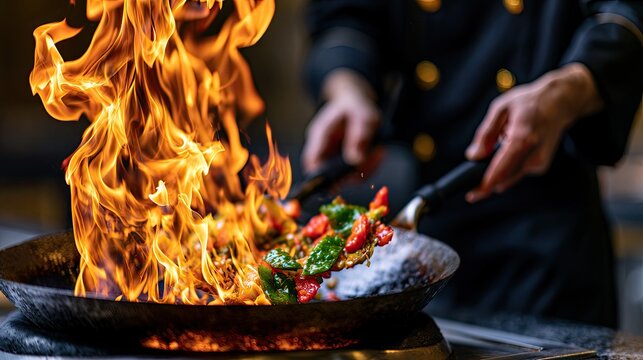 Chef flamb?ing vegetables and food in a wok with intense flames