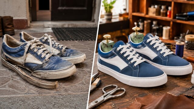 Dirty sneakers and repaired pair on a shoe workshop table