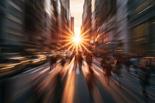 City street perspective with sunburst and motion blur