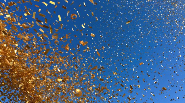 Golden confetti showers against a vibrant blue sky