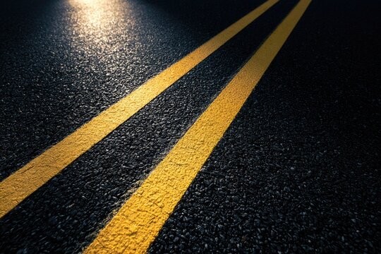 Wet asphalt road with double yellow lines reflecting light