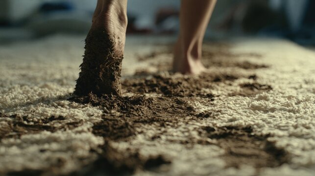 Bare feet leaving muddy tracks across a thick, cream-colored carpet