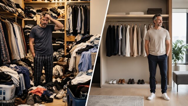 Chaotic men's closet and simplified wardrobe with fewer everyday pieces