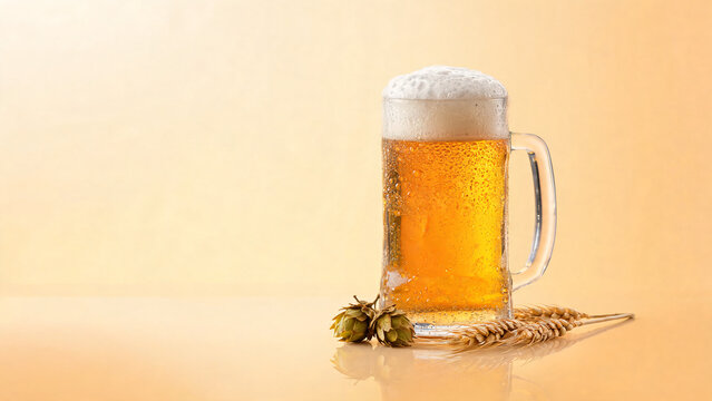 Glass mug of cold beer with hops and wheat isolated on peach background, copy space banner