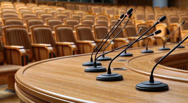 Curved wooden table with microphones faces rows of empty wooden chairs