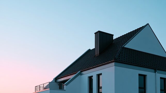 Modern white house facade with dark roof against twilight sky
