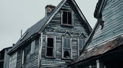 Obraz premium Weathered gray wooden houses, dilapidated, aged, showing decay, broken windows, gloomy, overcast sky.