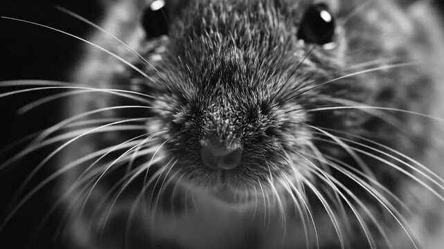 Extreme Macro of Mouse Snout and Whiskers Twitching in High Contrast Monochrome Silver and Black Lighting