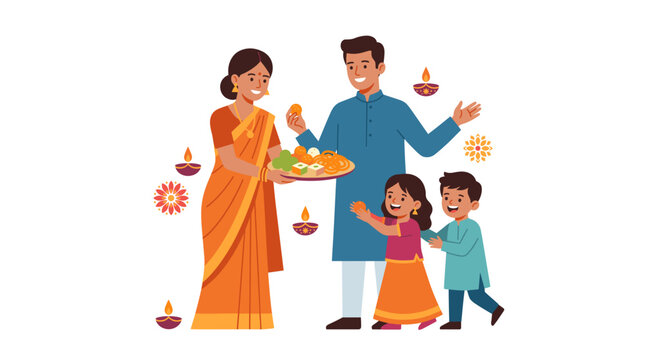 Indian Family Celebrating Diwali Festival With Sweets And Diyas Vector Illustration