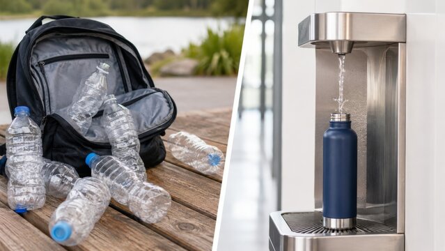 Disposable bottles and reusable flask at a public water station