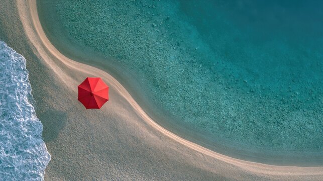 Aerial view of a solitary red umbrella on a sandy beach beside turquoise ocean waves