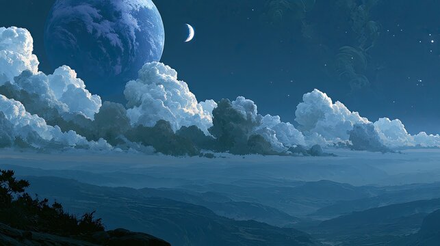 Otherworldly moonlit vista with rolling clouds over serene, mountainous terrain