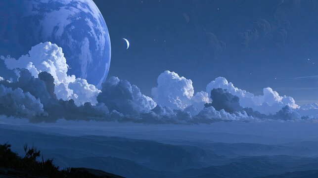 Vast alien sky with giant planet, moon, and cloudy atmosphere