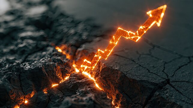 Fiery upward arrow erupts through cracked, dark earth