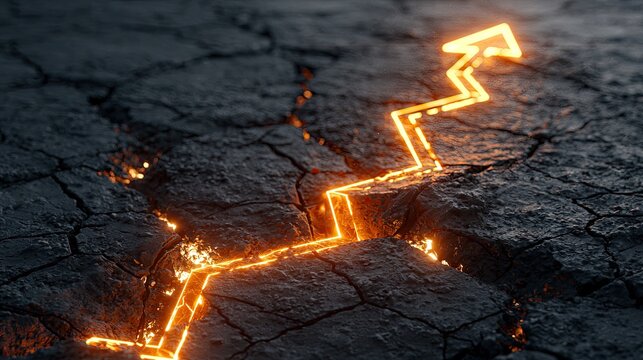 Glowing orange arrow emerging from cracked earth, signifying breakthrough and growth