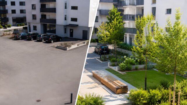 Modern housing lot and landscaped courtyard with fewer cars