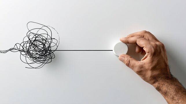 Hand manipulates tangled line into straight path, simplifying complexity