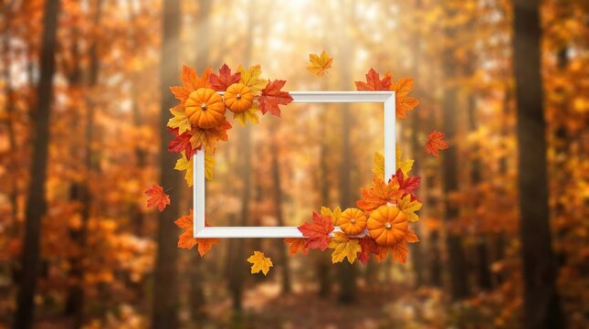 Autumnal thanksgiving background with pumpkins and maple leaves festive fall scene for holiday graphics